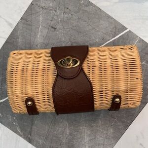 Wicker Clutch with Brown Vegan Leather Accents